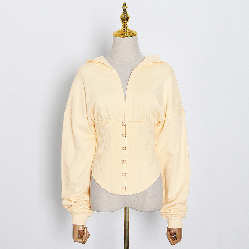Women Lace Up Corset Hoodie Spring Autumn High Waist Tunic Hooded Sweatshirt Tracksuit High Street 201112