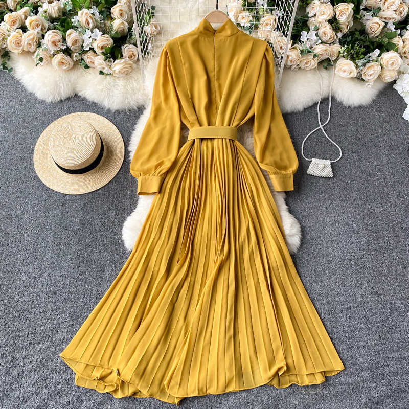 Spring And Summer Solid Color Sundresses Women's Dress Light Elegant Holiday Orange Pleated Chiffon Maxi Dress Femme Robe 210630