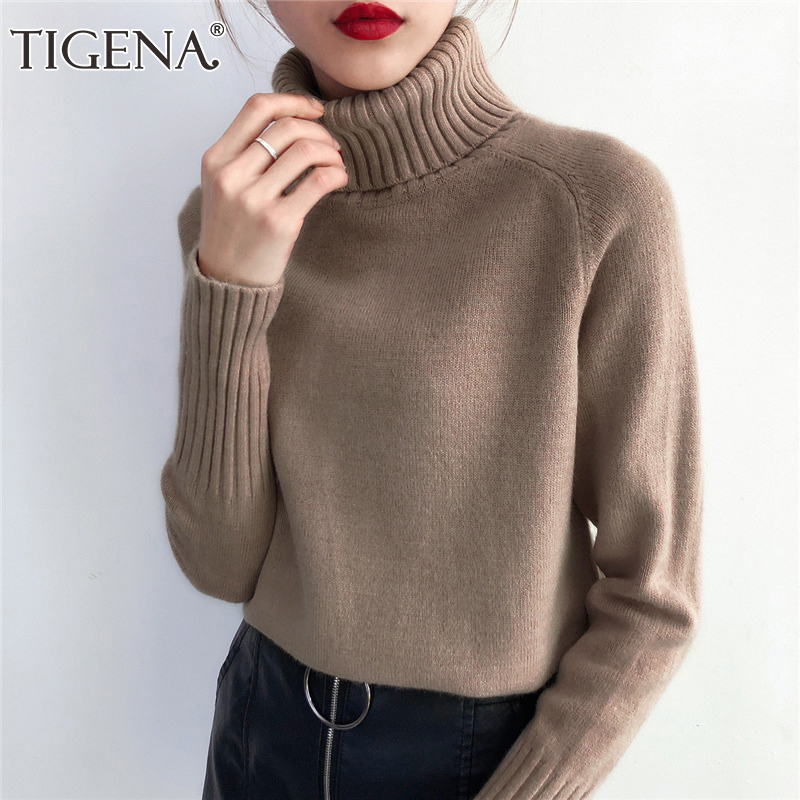 TIGENA Autumn Winter Thick Warm Pullover Sweater Women Long Sleeve Knitted Sweater Female Khaki Green Jumper Women Knitwear 210218