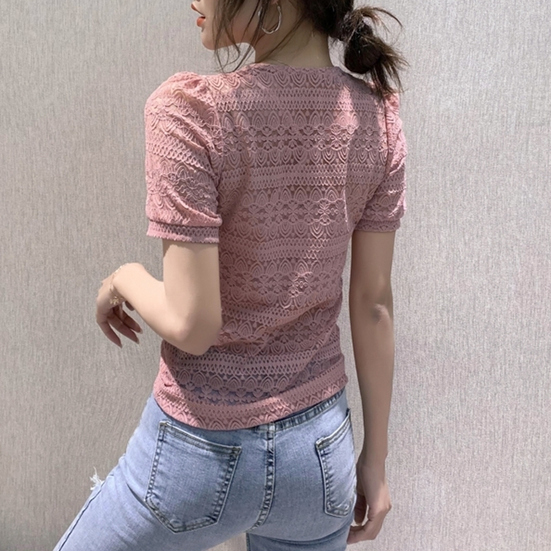 Summer Korean Clothes T-shirt Fashion Sexy Lace Hollow Out Women Tops Ropa Mujer Shirt Lace Up All Match Tees New T04826 T200614