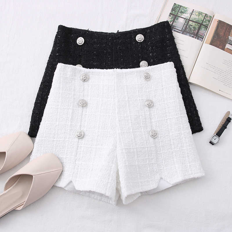 High Waist Tweed Shorts Women Casual Loose Ladies Fashion Spring Autumn Slim Button All-match 210714