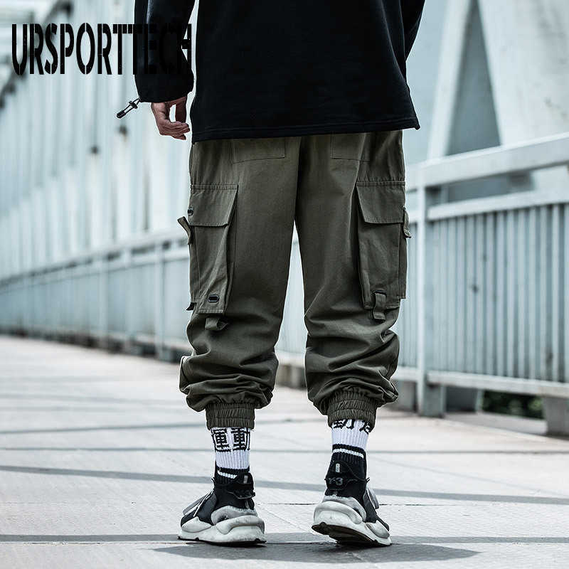 URSPORTTECH Black Cargo Pants Men Hip Hop Autumn Harem Pant Streetwear Harajuku Jogger Sweatpant Cotton Trousers Male Pants 210810