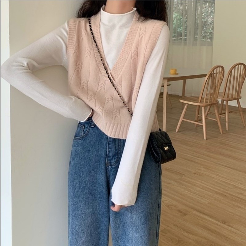 est Short Style V-Neck Twist Pattern Sleeveless Vests Korean Clothes Teen Girls Casual Loose Knitted Veste Sans Manche Femme 210604