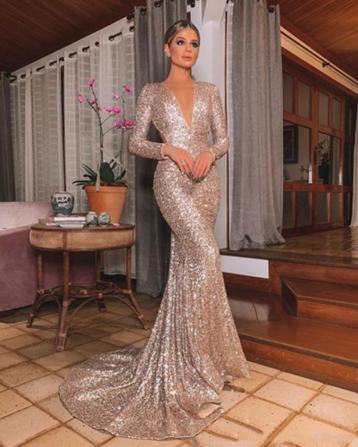 Sparkly Rose Gold Sequined Mermaid Prom Dresses Long Sleeves Open Back Evening Party Gowns Sweep Train Plus Size Special Occasion Gowns