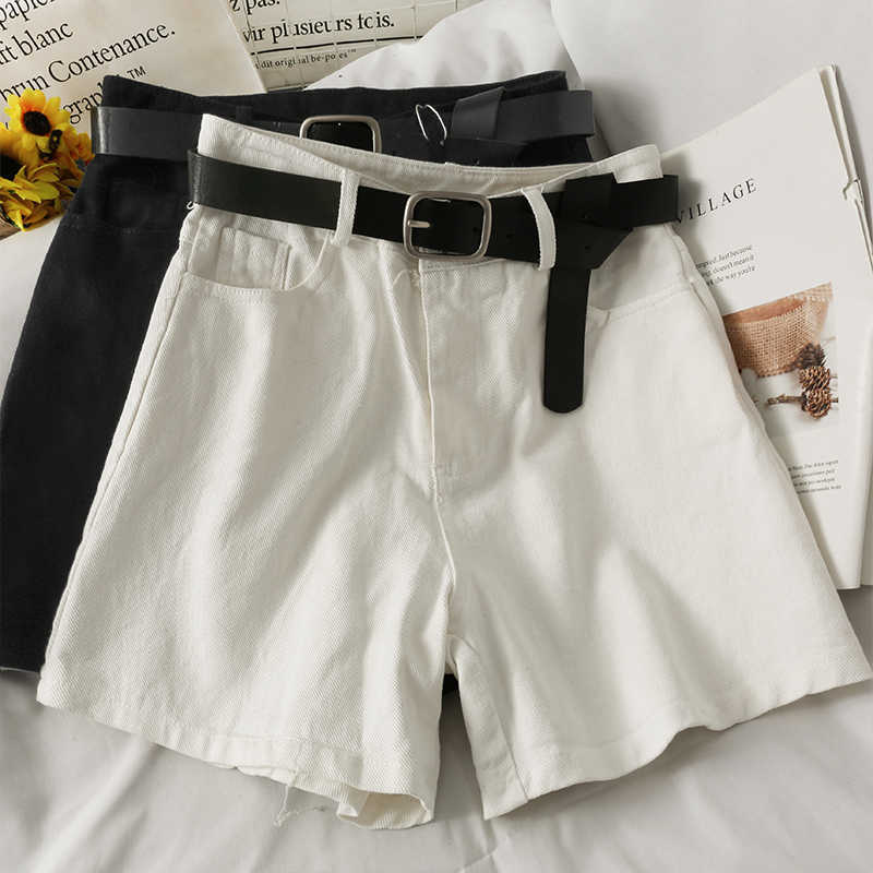 Summer Fashion Denim Shorts Belt High Waisted Elegant Jeans Wide Leg Short Feminimos Korean Causal Bottoms 6H734 210603
