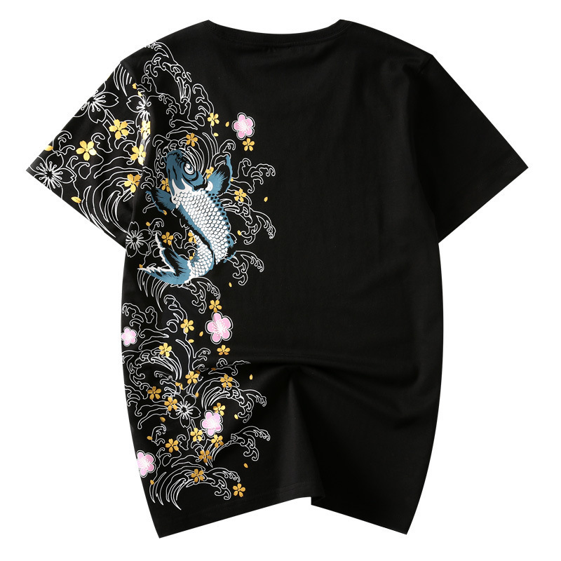 Summer Men T Shirt Koi Embroidery New Chinese Style O-Neck Cotton Tees Men's Short Sleeve Streetwear Fashion Casual T-shirt T200224