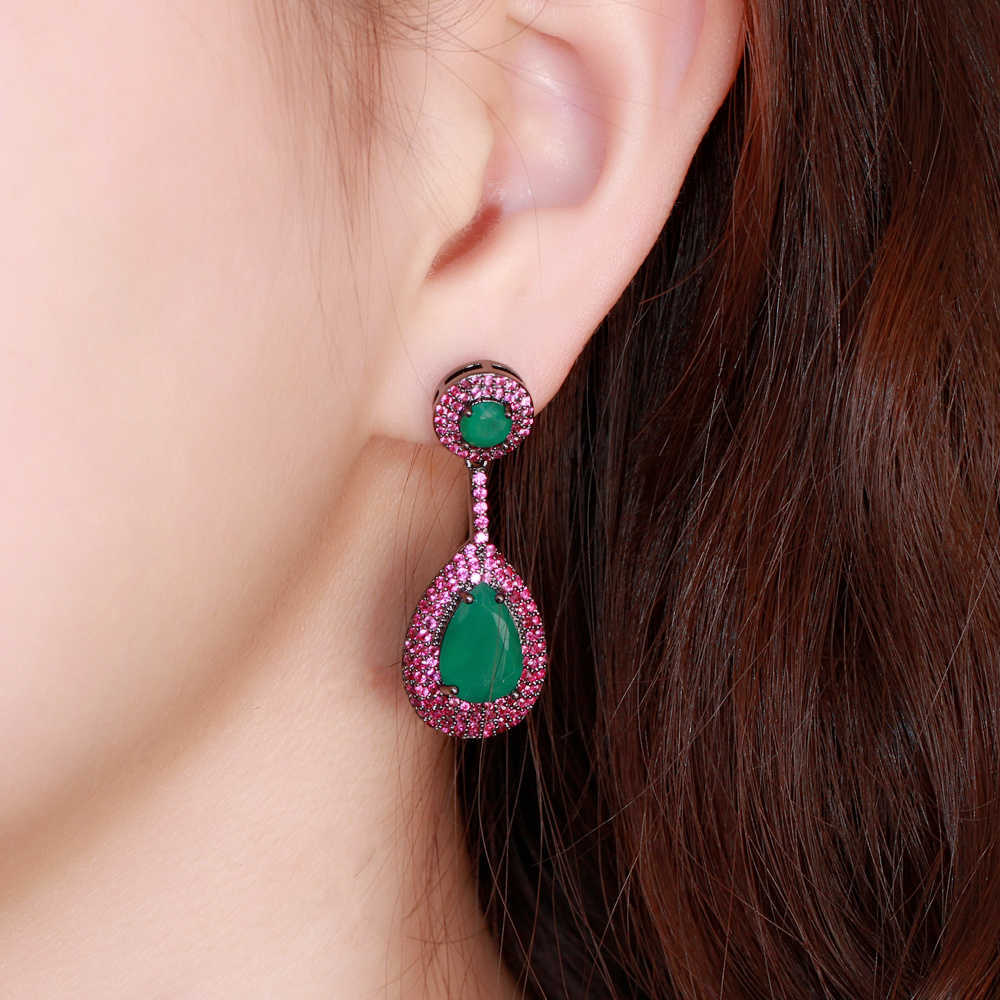 CWWZircons Micro Pave Pink Cubic Zirconia Green Emerald Dangle Water Drop Silver Engagement Party Earring for Women CZ868 210624