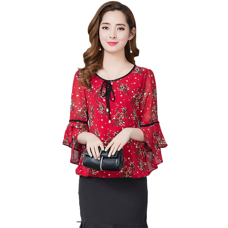 summer tops chiffon blouses women shirt fashion flare sleeve shirts print blouse blusas plus size women clothing DF2393 210225
