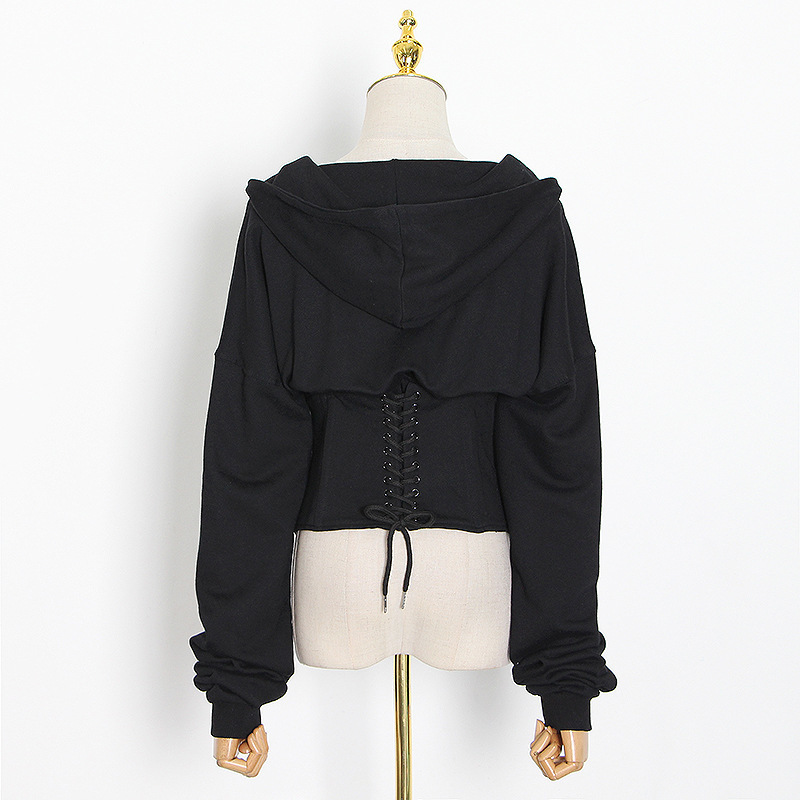 Women Lace Up Corset Hoodie Spring Autumn High Waist Tunic Hooded Sweatshirt Tracksuit High Street 201112