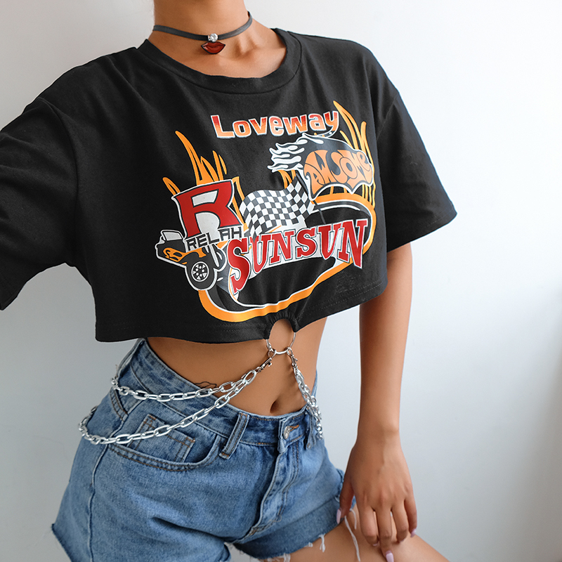 HEYounGIRL Korean Punk Short Sleeve Tshirt Women Black Harajuku Cotton T Shirt Ladies Printed Top with Chains Streetwear Summer 210306