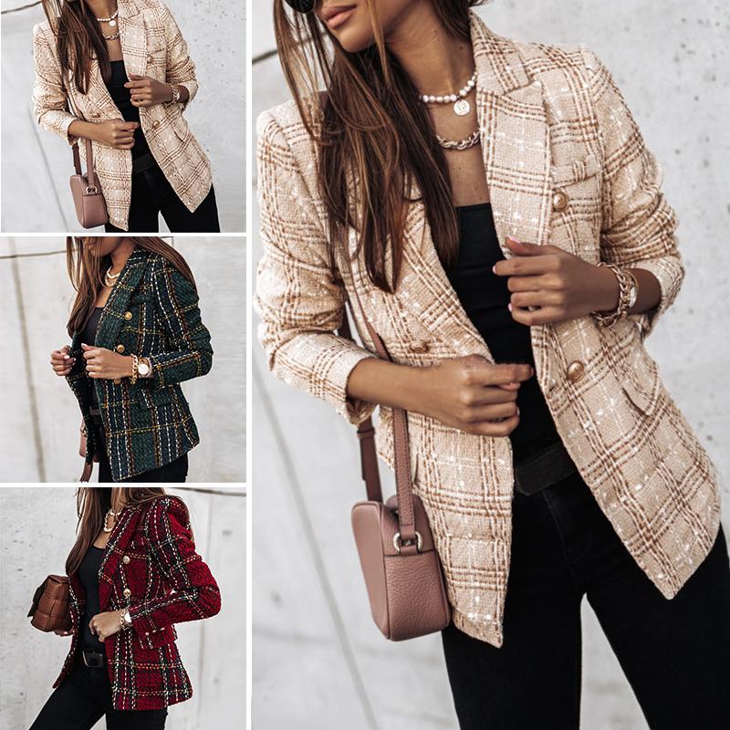 Women's Suits & Blazers Women 2021 Fashion Texture Double Breasted Check Blazer Coat Vintage Long Sleeve Pockets Female Outerwear