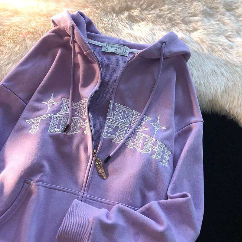 Letters Print Sweatshirt Y2k Zip-up Hoodie Hip Hop Streetwear Kawaii Harajuku Grunge E-girl Outwear Pink Tops Hoodies Women 220311