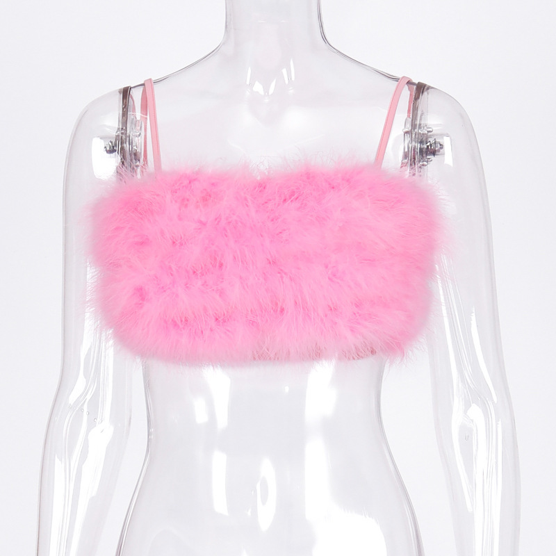 Sexy Spaghetti Strap Camis Warm Hairy Low Neckline Backless Patchwork Skinny Hot Crop Top Party Night Club Lady Chic Camisole 210308