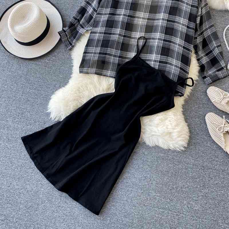 LY VAREY LIN Summer Autumn Casual Two Piece Set Long Sleeve Plaid Grey Overcoats Spaghetti Strap Slim Black Solid Dress 210708
