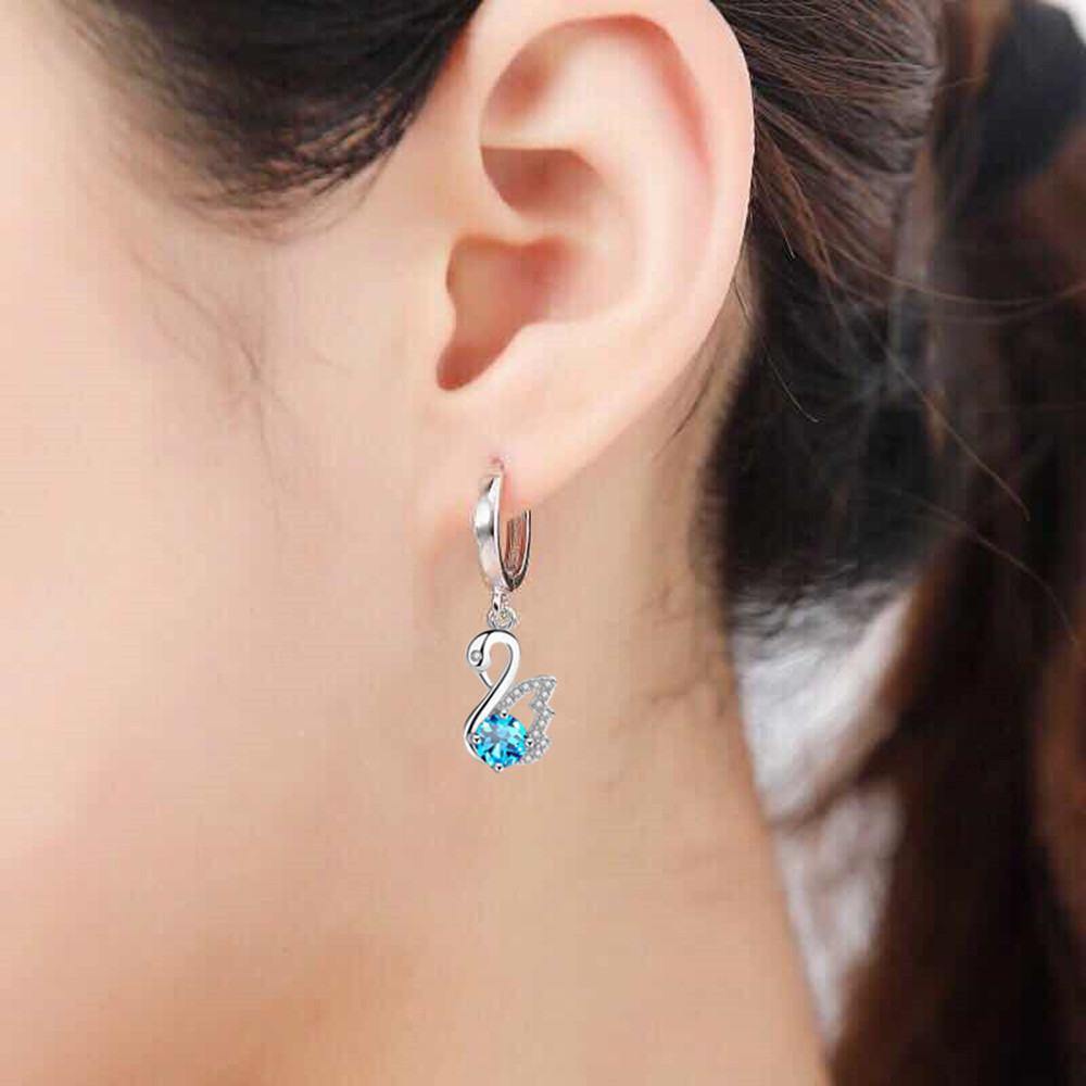Swan Hoop Earrings 925 Sterling Silver Women's Fashion Jewelry Blue White Crystal Zircon Long Tassel