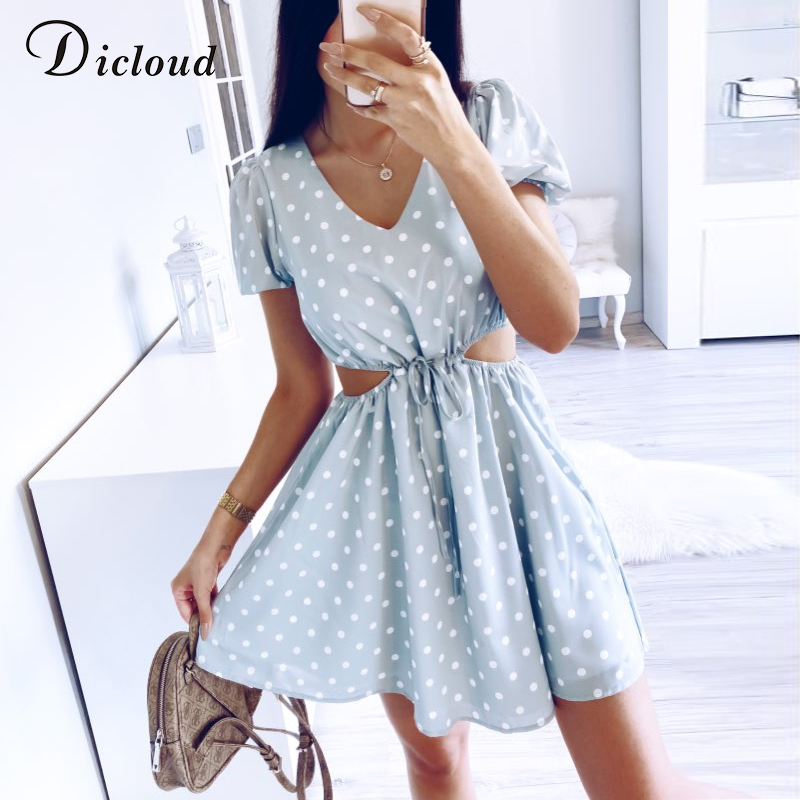DICLOUD Polka Dot Green Summer Dress Chiffon Sexy Hollow Out Drawstring Waist Mini Day Dress Party Holiday Outfit Fashion 210303
