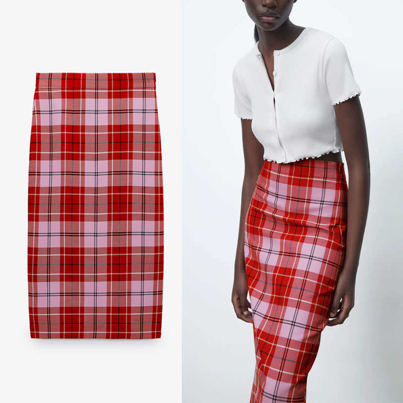 Za Vintage Plaid Midi Skirt Women High Waist Spring Red Skirts Woman Fashion Back Vent Side Zip Casual Straight Skirts 210602