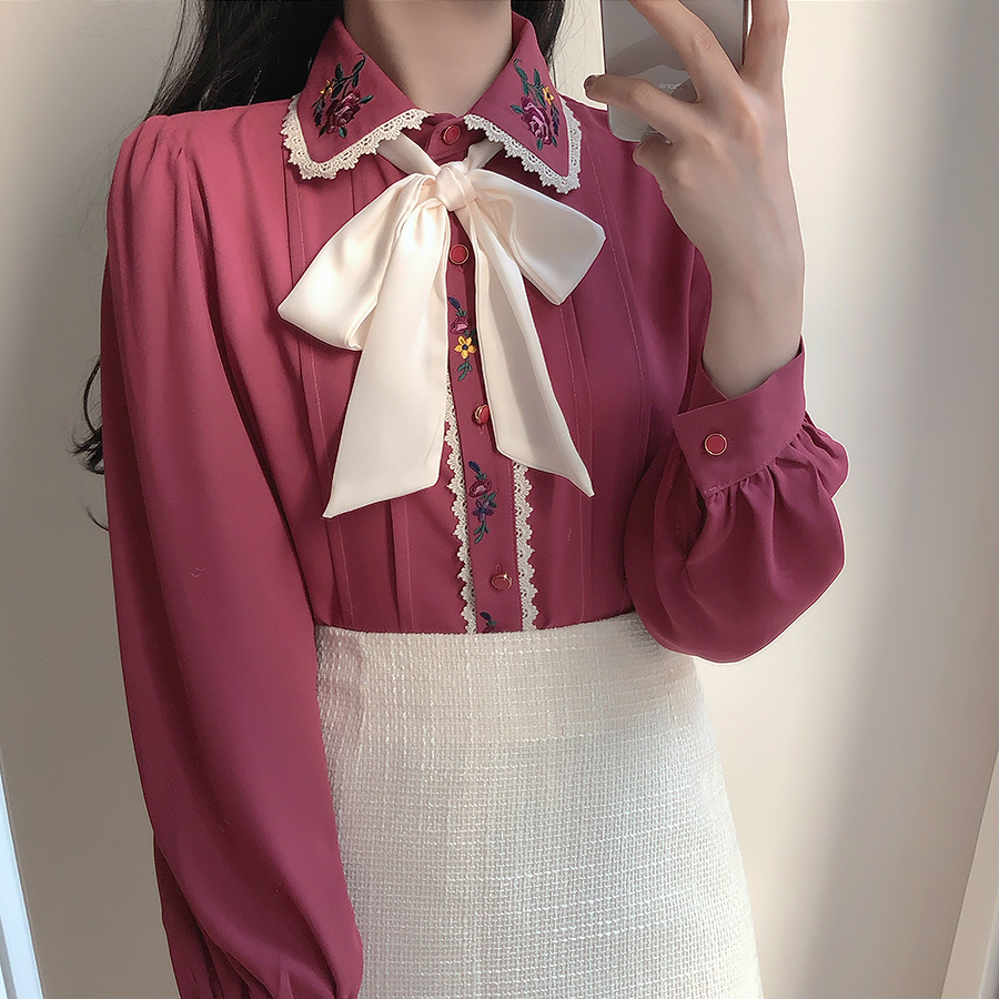 Korean Chic Spring Autumn Women Gorgeous Blouse Turn-Down Collar Floral Embroidery Chiffon Blusas Vintage Elegant Bow Lady Shirt 210225