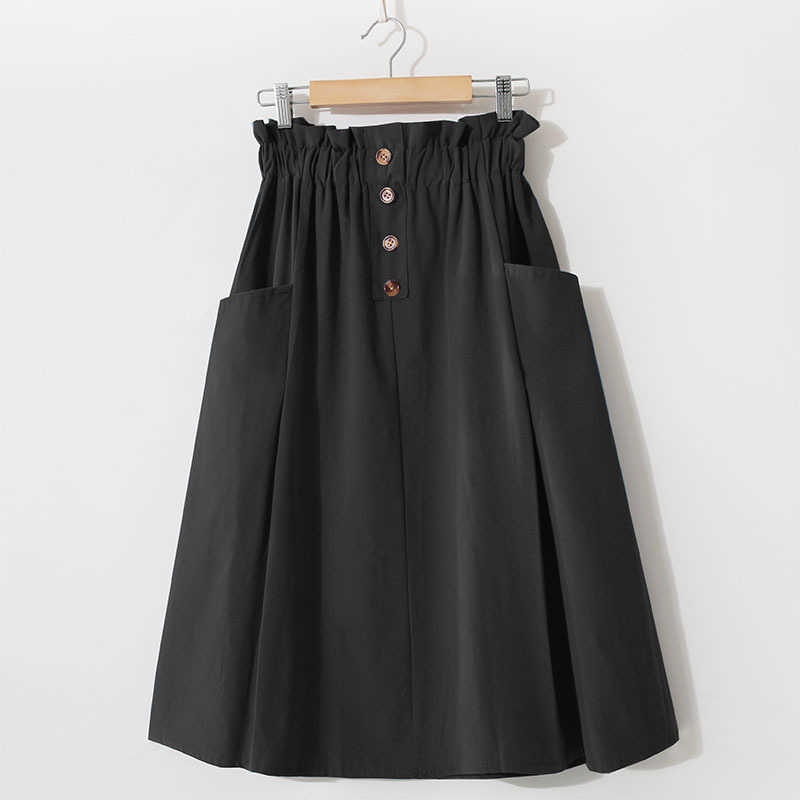 Spring Summer High-waist Cotton Yellow Skirts Double-pocket Button Knee-length Autumn Black Jupe Femme 210621