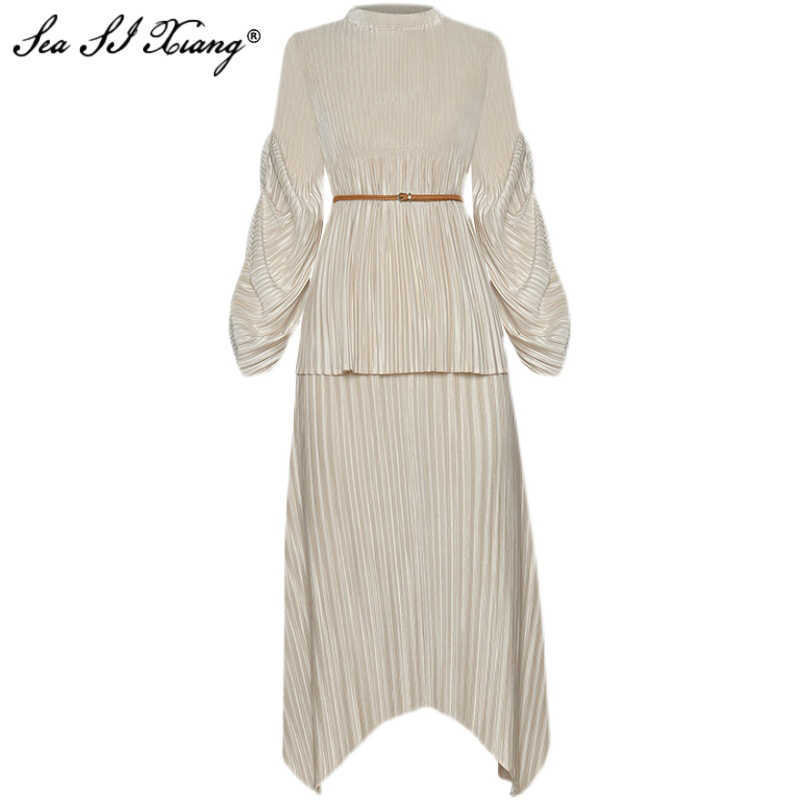 Seasixiang Fashion Designer Spring Set Women Lace-up Stand Collar Lantern Sleeve Tops + Asymmetrical skirt Pleated Two Piece Set 210708, Gray
Seasixiang Fashion Designer Spring Set Women Lace-up Stand Collar Lantern Sleeve Tops + Asymmetrical skirt Pleated Two Piece Set 210708, Gray