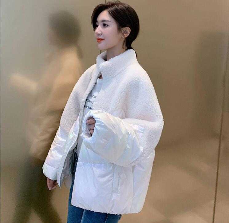 Fashion Winter lambswool Patchwork jacket women Fur splice Cotton padded coat Thcik Warm short cotton coats female Overcoat 211013