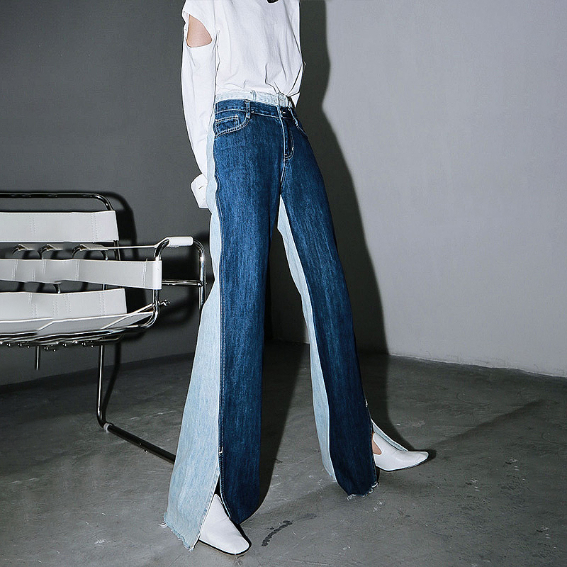TWOTWINSTYLE Vintage Patchwork Women Full Length Pants High Waist Hit Color Side Split Loose Wide Leg Pant For Female Fashion 210222