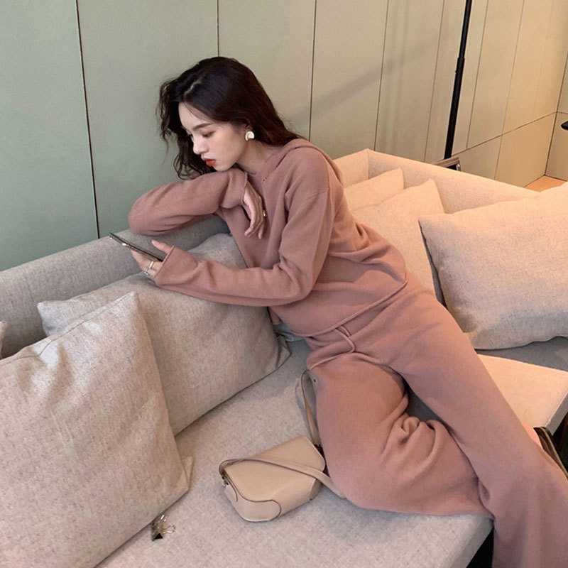 JXMYY spring autumn knit sweater hooded women tracksuit long sleeve cashmere pullovers elastic pants suit sporting set P611 210304