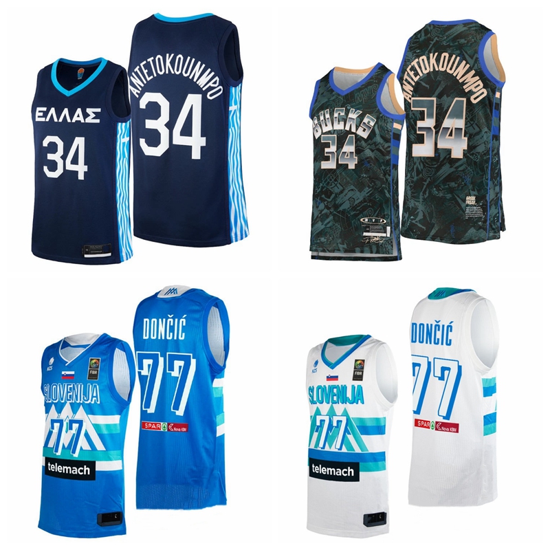 2021 Tokyo Olympics Slovenia Basketball Luka Doncic #77 Giannis Antetokounmpo #34 Greece National jersey Blue White Green
2021 Tokyo Olympics Slovenia Basketball Luka Doncic #77 Giannis Antetokounmpo #34 Greece National jersey Blue White Green