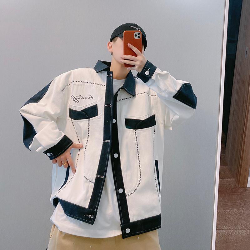Men's Jackets Dannyandzee Autumn Guochao High Street Loose Blue And White Color Matching Bright Line Work Jacket Ins Winter