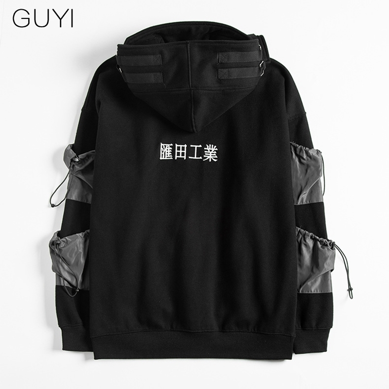 Letter Japan Style Hoodies Sweatshirts Men Harajuku Hip Hop Streetwear Pullover Casual Techwear Fluff Hoddies Male Hooded Top 201103
