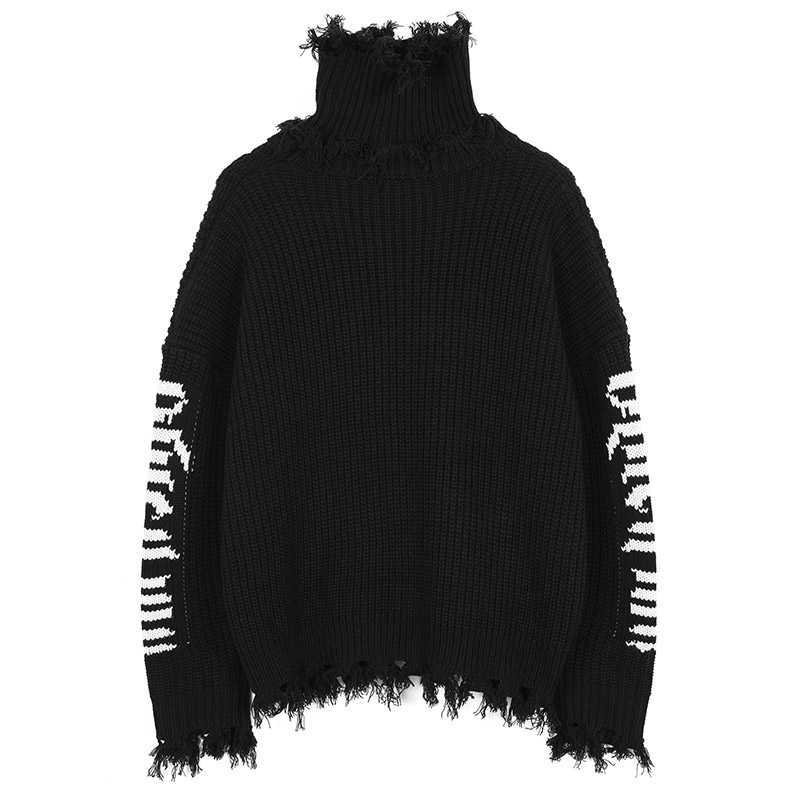 Aolamegs Men Letter Knitted Tassel Black Turtleneck Sweater For Winter Warm Oversize Cozy Hip Hop High Street Punk Cool Pullover 210929