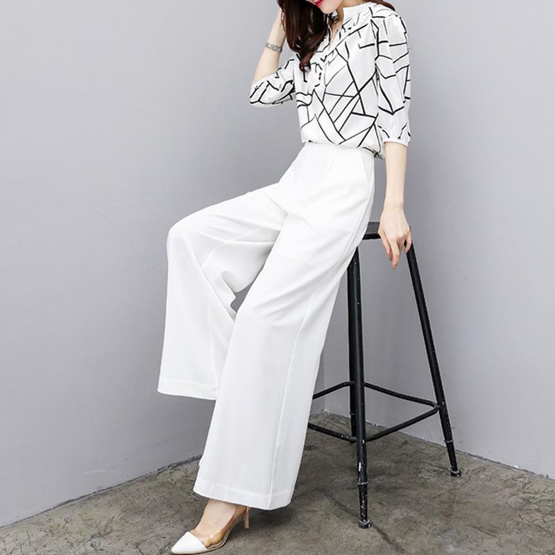 2021New Women Summer Suits Blouse Shirt Two Piece Pant Set Loose Elegant Chiffon Tops White Wide Leg Pant