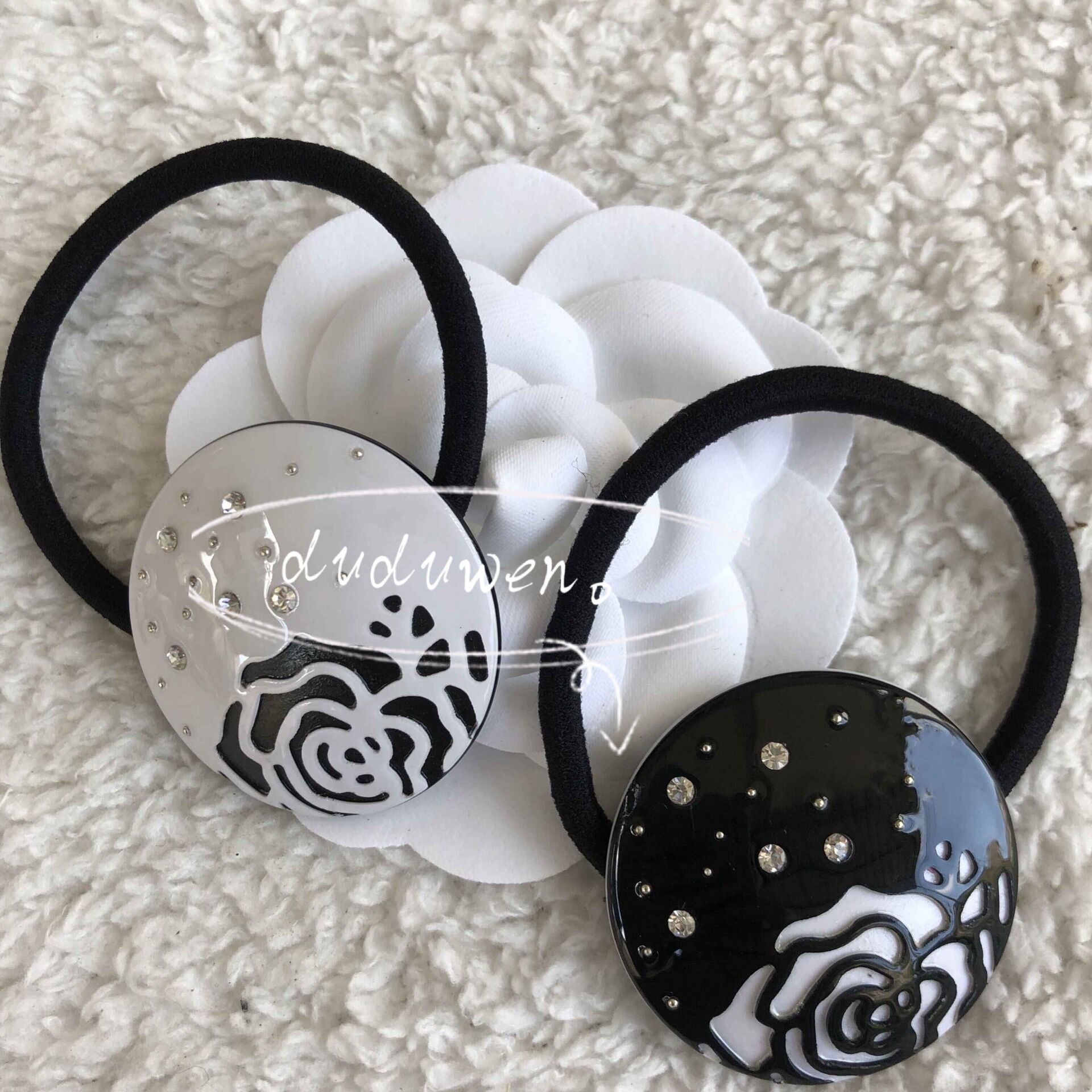 Classic Camellia engraved C rhinestone Hair rope fashion Accessories Acrylic flower pattern