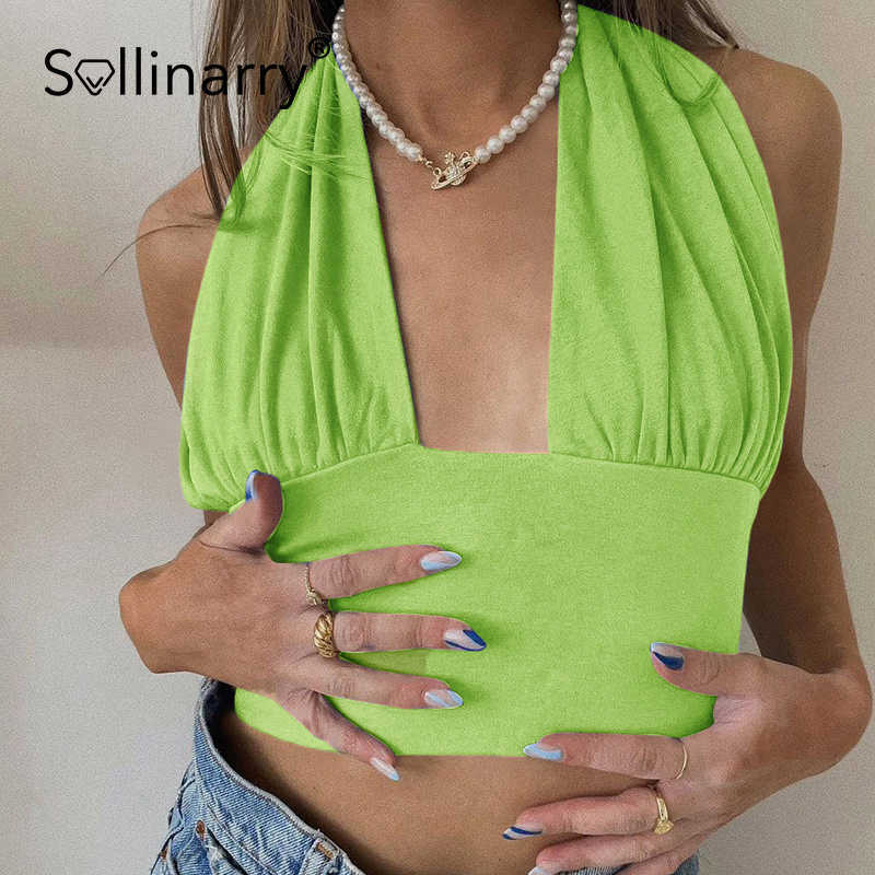 Sollinarry Sexy green cotton tank tops for women Fashion night club crop top ladies Solid short high street women top 210709