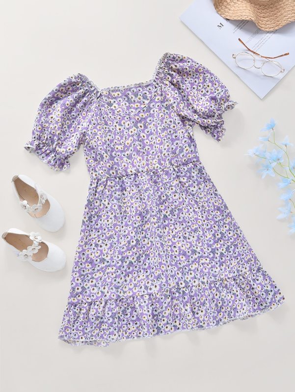 Girls Ditsy Floral Puff Sleeve Ruffle Hem Dress SHE01
