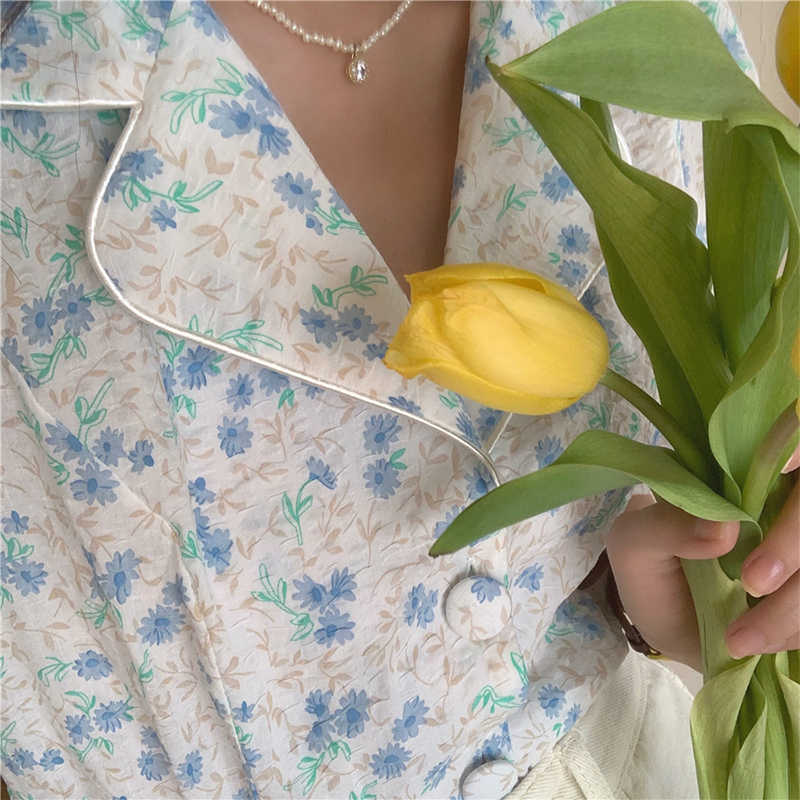 LY VAREY LIN Summer Women Casual Turn-down Collar Floral Short Shirts Tops Sweet Single Breasted Puff Sleeve Loose 210526