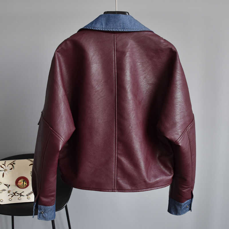 Ly Varey Lin Spring Pu Faux Soft Leather Jacket Women Autumn Motorcycle Zipper Rivet Denim Patchwork Outerwear 210526