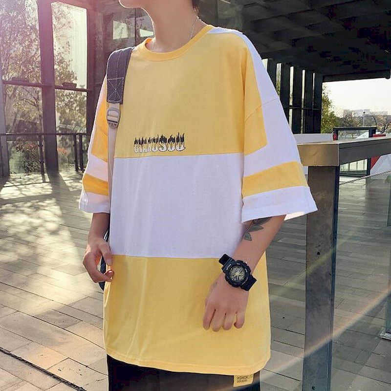 Cotton summer stitching short-sleeved t-shirt male students Korean loose trend youth clothes five-point sleeve men's clothing 210526