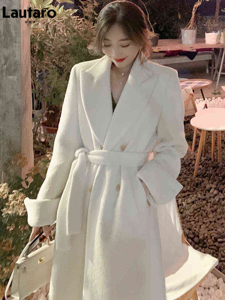 Lautaro Long Warm White Fluffy Faux Fur Trench Coat for Women Sashes Double Breasted Winter Clothes women Korean Fashion 211123