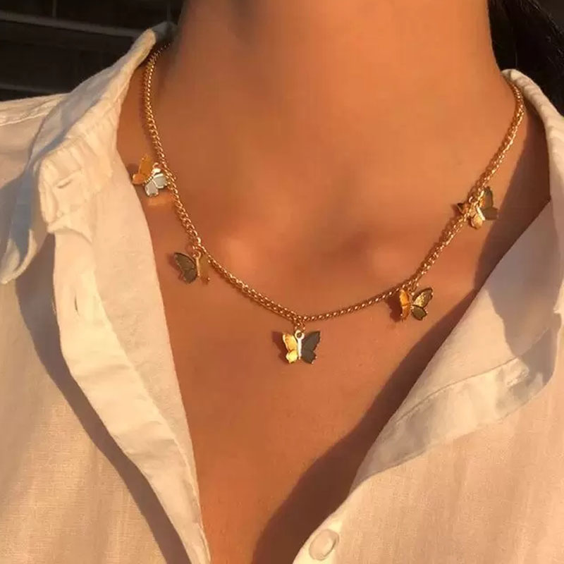 European Popular Gold Silver Plated Steric Cute Butterfly Choker Necklace for Women Charm Short Necklace Bridal Wedding Jewelry Anniversary Valentine&