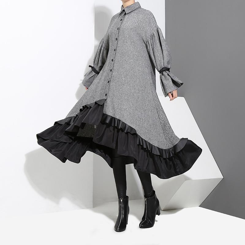 Casual Dresses Women Dress Elegant Irregular Hem Spring And Autumn Temperament Loose Ruffle Solid Flare Sleeve Lugentolo