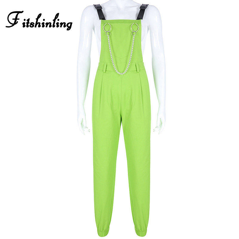 Fitshinling Fluorescence neon green jumpsuits women summer chain cargo playsuit fashion slim cotton buckle long jumpsuit female Y200904