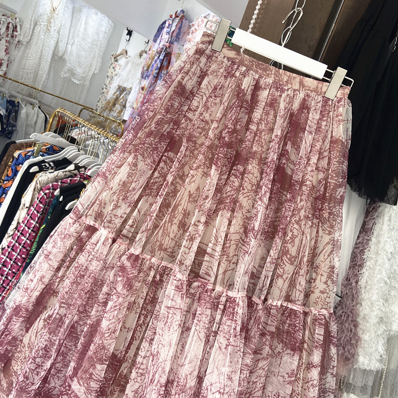 Autumn winter New design womens high waist layered gauze fabric print floral maxi long ball gown skirt plus size SML