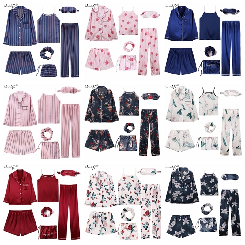 Women 7 Pieces Pajamas Sets Stripe Printing Satin Silk Pajamas Women's Sleepwear Lovely Home Clothing Long And Short Pijama 210203
