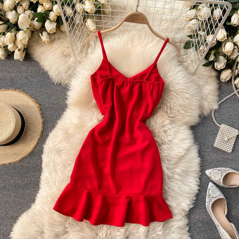 Sexy V-neck Spaghetti Strap Sleeveless Mini Bodycon Dress Summer Women Slim Waist Drawstring Ruched Ruffles Party 210623