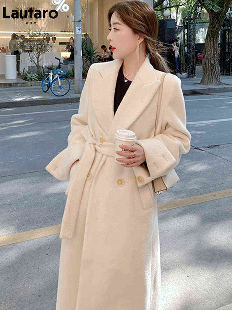 Lautaro Long Warm White Fluffy Faux Fur Trench Coat for Women Sashes Double Breasted Winter Clothes women Korean Fashion 211123