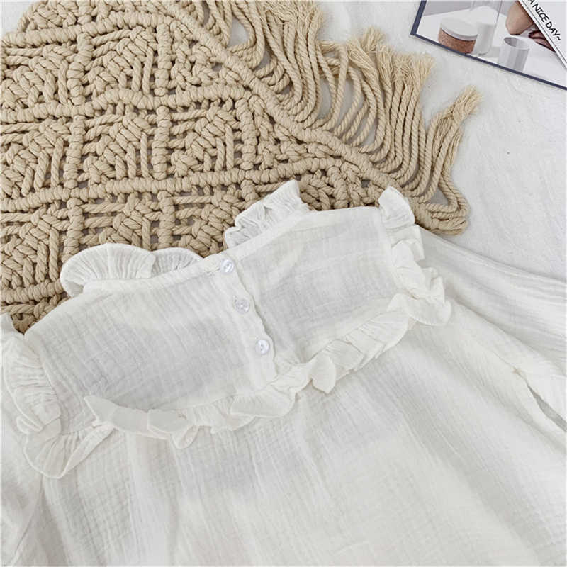 Korean style girls fashion solid color pajamas set children cotton linen ruffles long sleeve sleepwear clothes 2pcs suit 210615