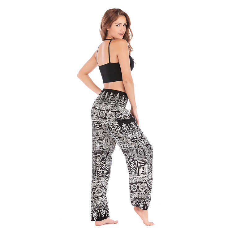 Bohemia Breathable Loose Pants Women Elastici Waist Harem Woman Thailand Geometric Print Pocket Casual Pantalones De Mujer 210604