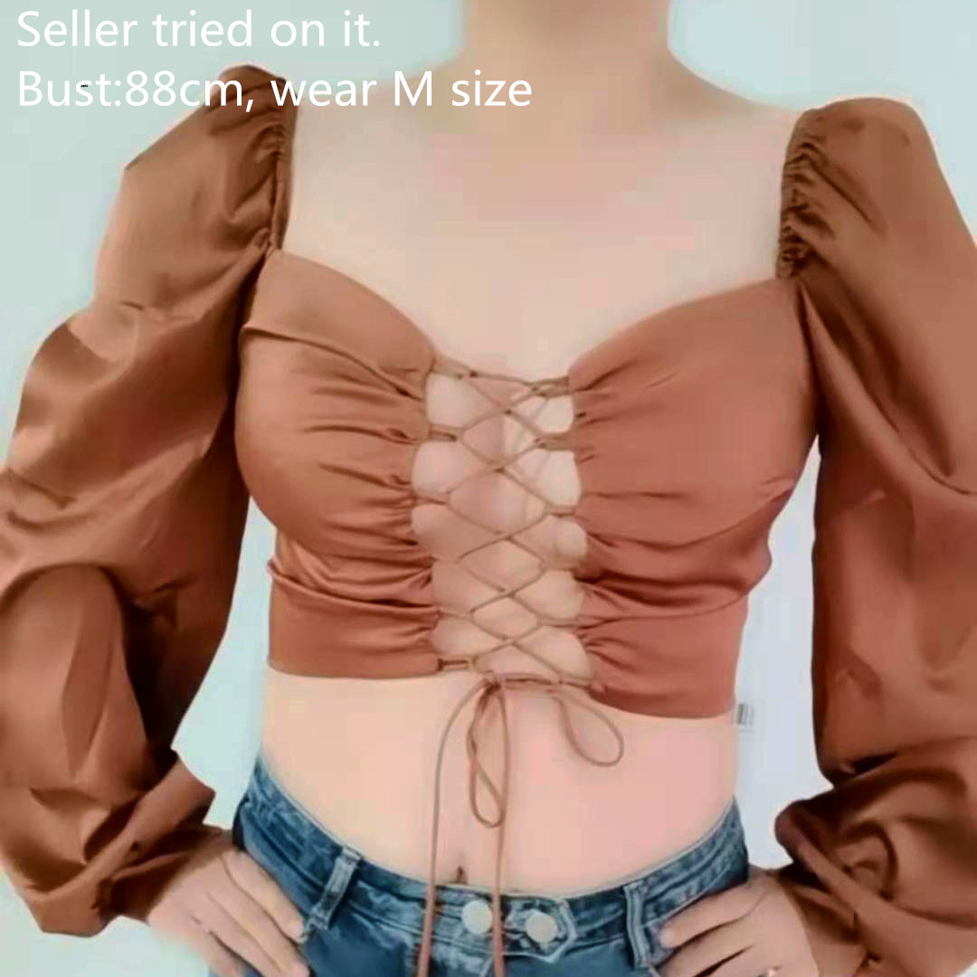 YuQung Vintage Women Lace Up Shiny Silk Satin Short Blouses Shirt Puff Long Sleeve Square Neck Crop Tops Brown Streetwear 210225