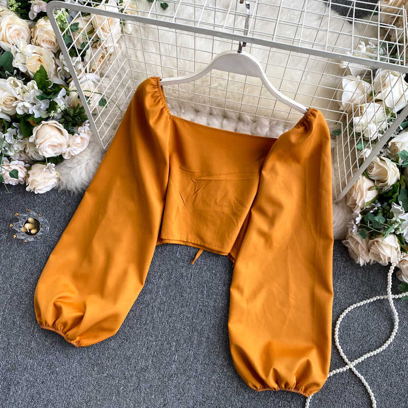 Lady Long Sleeve Short Tops Women Autumn Shirt Fashion Solid Color Sexy Blouse Vintage Clothing P525 210527